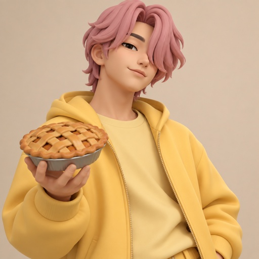 Male, Asian, pink neck length wavy hair, hair in front of one eye, smirk, chill, wearing yellow modern clothes, holding pie 