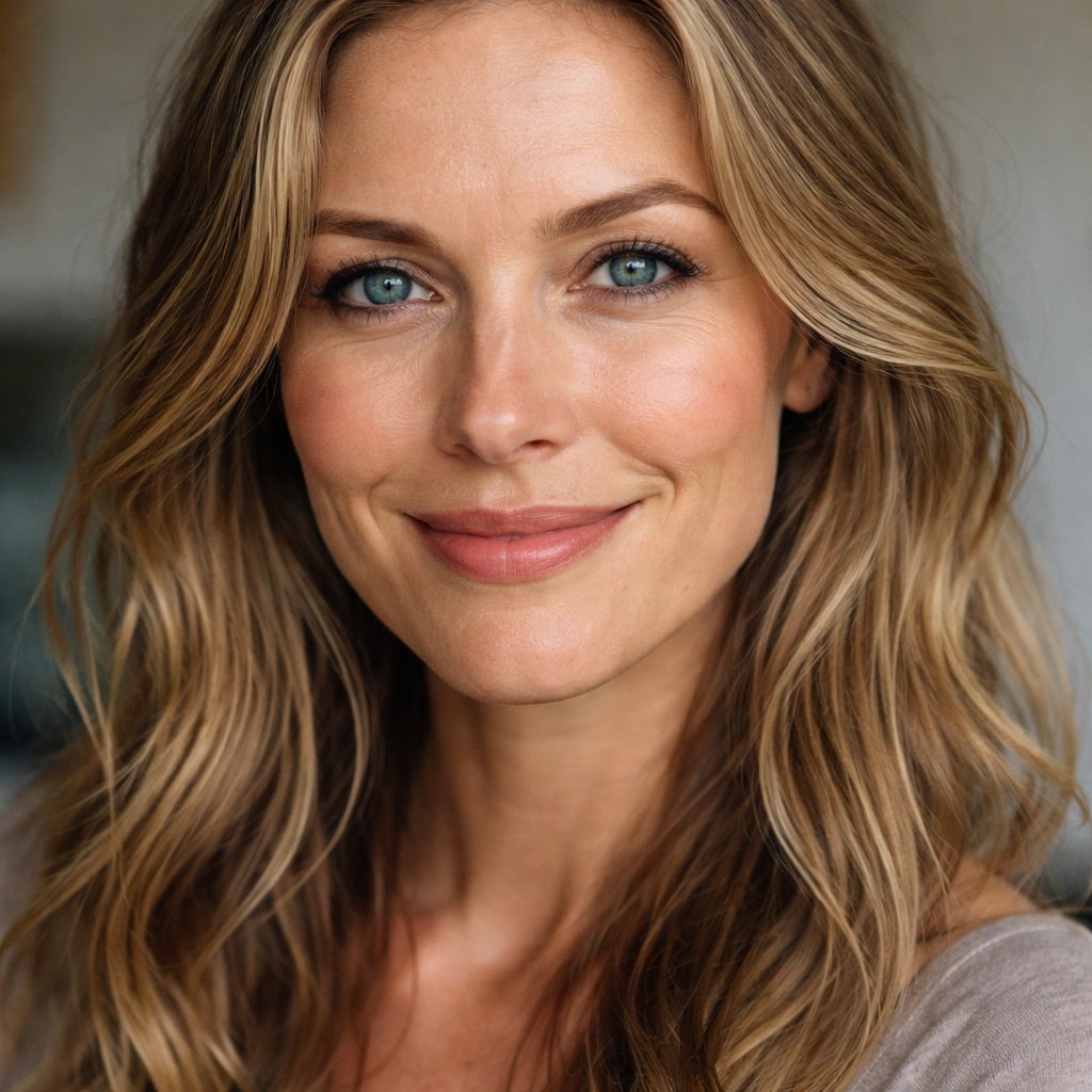 A 40 year old woman who has dirty blonde hair and blue eyes. She as a warm smile.