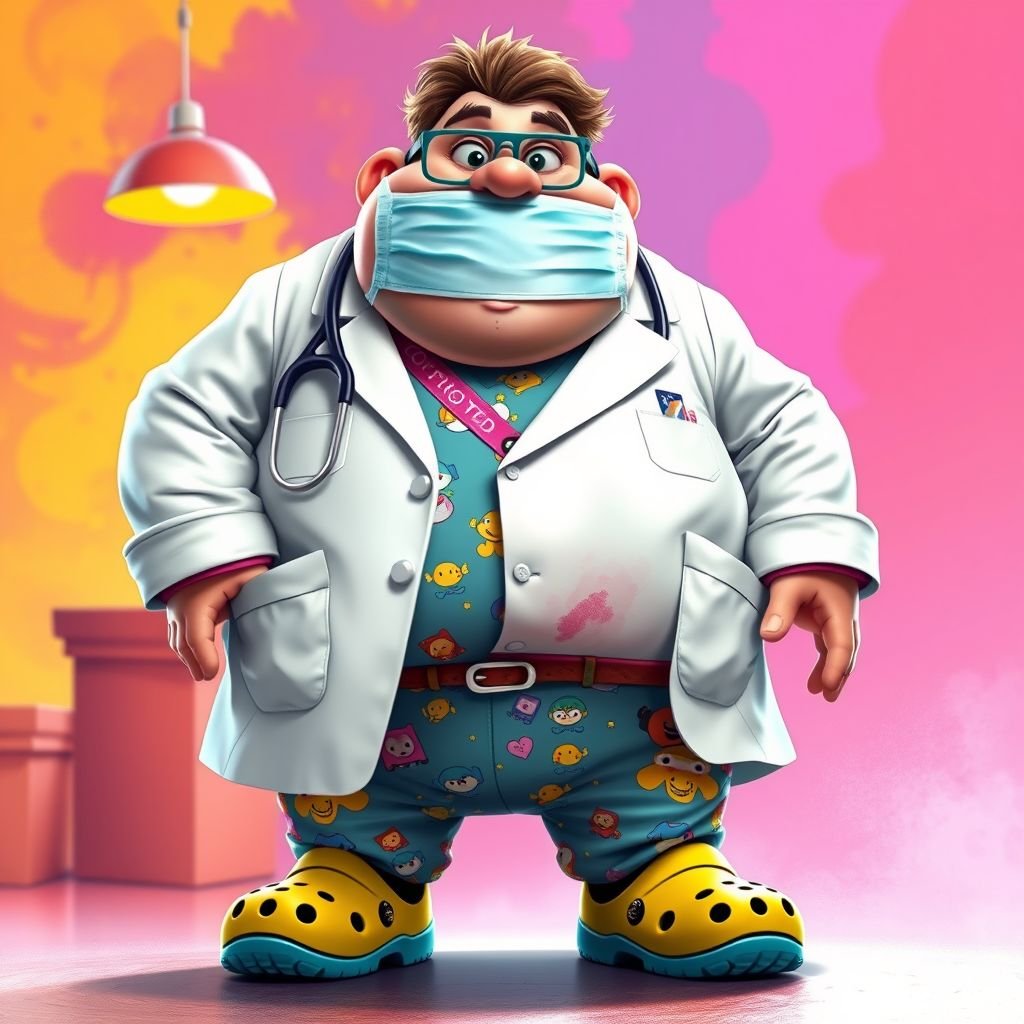 create a fat doctor. Who is funny human looking from head to toe. And he always immediately results to surgery for anything even small things. So please be sure to show his whole outfit head to toe. Make him have 1 tooth