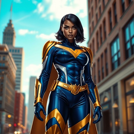 African American female superhero with hair in a shoulder length side part hairstyle with pure Gold Glowing eyes wearing slightly armored royal blue white and gold accented suit with royal blue pants and gold knee length boots with a utility belt with a gold V as her chest emblem in Philadelphia