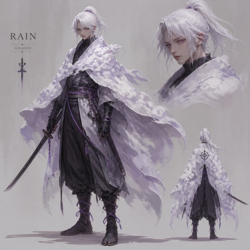 assassin based on clouds, name rain, pearl white hair, pearl purple eyes, cloud cape, katana