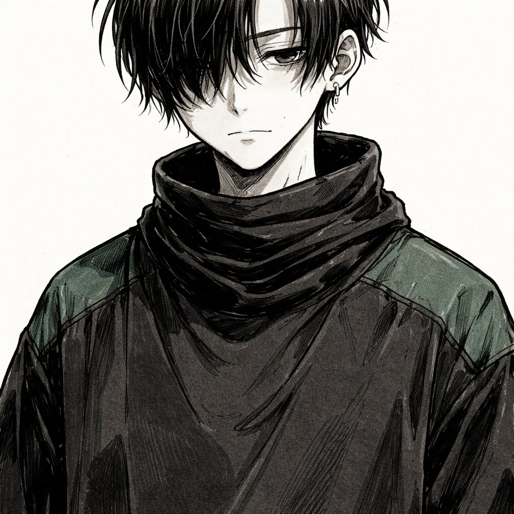 Boy 18 years, short hair, bangs on right side longer and over the eyes with middle part free hair, bangs on the left side ober the eye, hoodes gray eyes. expressionles with under sadness, obersitze tshirt with dark green part on the schoulder. and a skimask wearon only aorund the neck