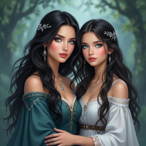 Mother and almost adult daughter with black hair and bleu eyes