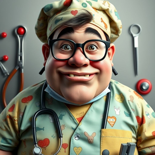 .. create a fat doctor. Who is funny human looking from head to toe. And he always immediately results to surgery for anything even small things. So please be sure to show his whole outfit head to toe. Make him have 1 tooth. Make it more adult humor instead of cartoon humor.