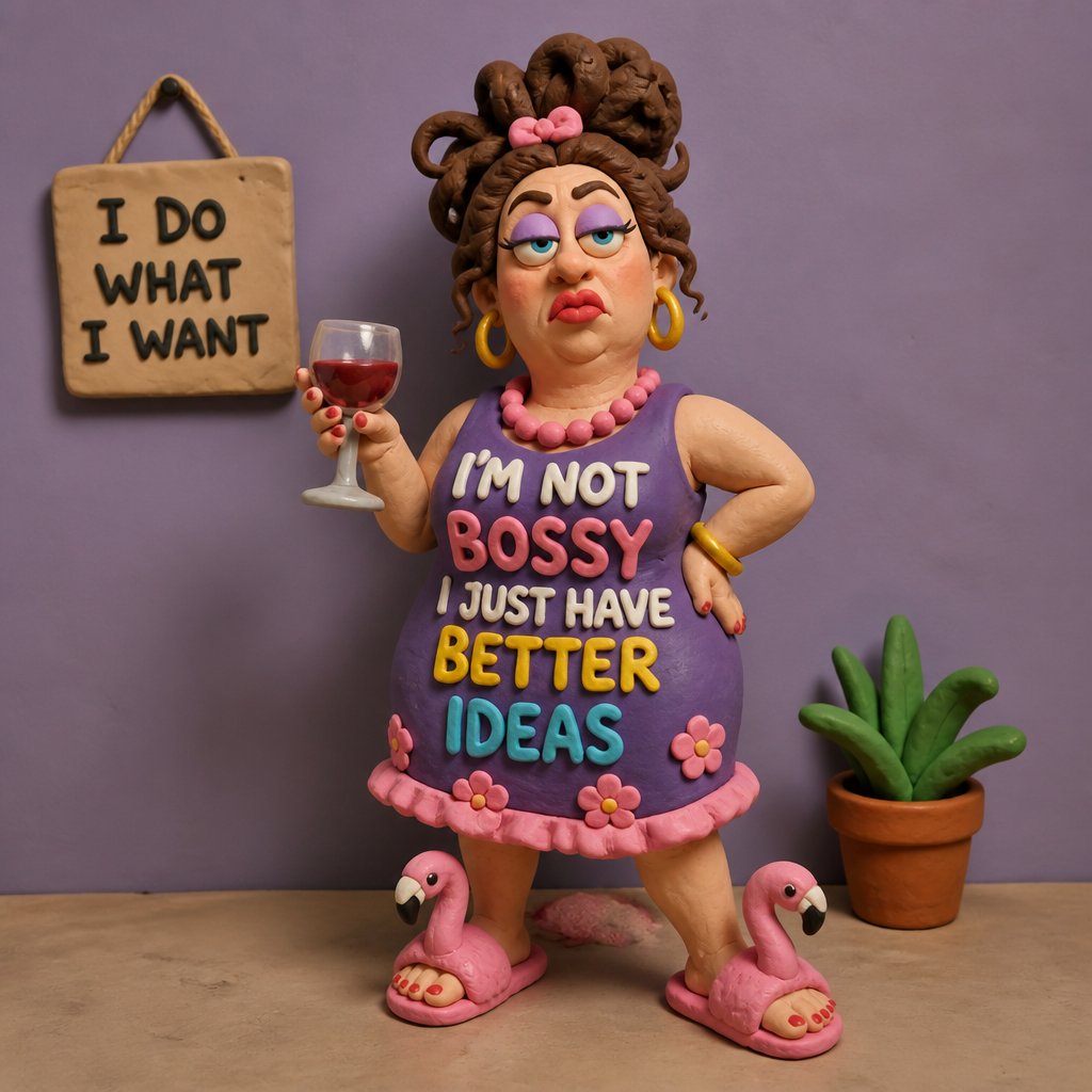 Create a funny white woman with attitude wearing funny dress