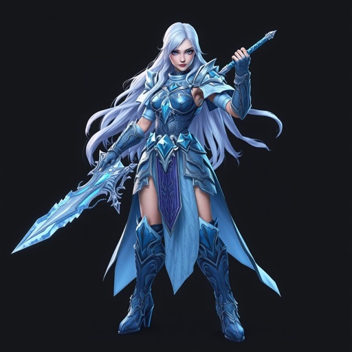 Create a battle woman hero called Alvara the Frostheart. Show full body head to toe including shoes