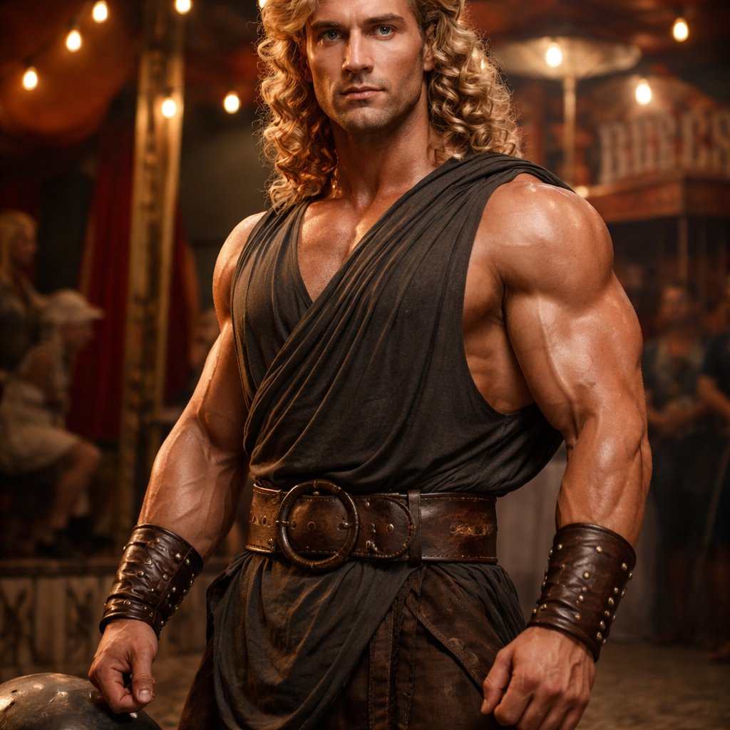 A tall well~proportioned male, so handsome he looks like a Greek god with muscles. With deep-set blue eyes and strong brows, and a peaceful but determined expression on his face. His hairstyle is a thick curly blonde mullet. He works at freak show as a strong man. His outfit consistsed of a Charcoal-toned sleeveless Greek tunic, thick leather belt, leather wristbands/cuffs, brown pants.