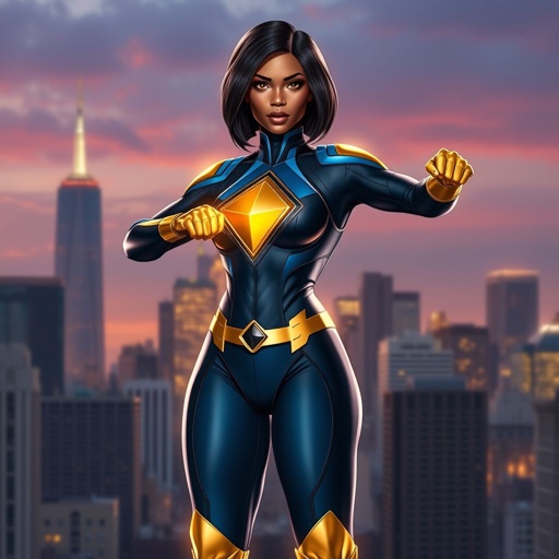 African American female superhero with hair in a shoulder length side part hairstyle with pure Gold Glowing eyes wearing a black blue and gold accented suit with navy blue pants and gold knee length boots with a diamond with the top half gold and the bottom half black as her chest emblem in Philadelphia