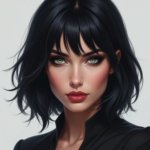 Show character head to toe. Create a mid age fantasy woman jet-black hair is cut sharpand her eyes seem to pierce through darkness. A shadowy aura clings to her form,