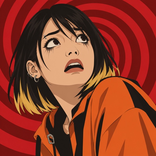 Asian female, with straight black neck length hair, yellow tips, side bangs on one side, eyebrow piercing, under eye mascara, ear piercing, cool clothes orange, looking up scared, red spiral background 