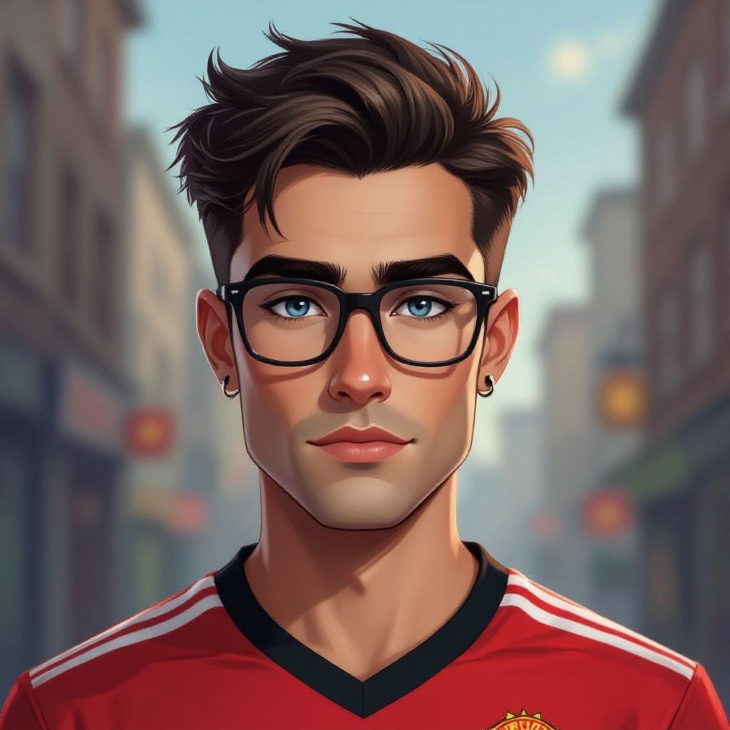 Mężczyzna o krótkich, ciemnobrązowych, włosach. bez zarostu.  niebieskie oczy. Ubrany w koszulkę piłkarską manchaster united. Duże okulary z szerokimi oprawkami.  Bez Kolczyków. Podłużna twarz. Wysokie czoło, wąskie usta, Brwi opadające na końcach