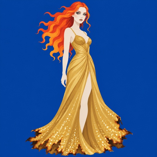 Female,fire hair, ash makeup, white skin, ash eyes, golden dress sparkling the bottom dress a little burnt 