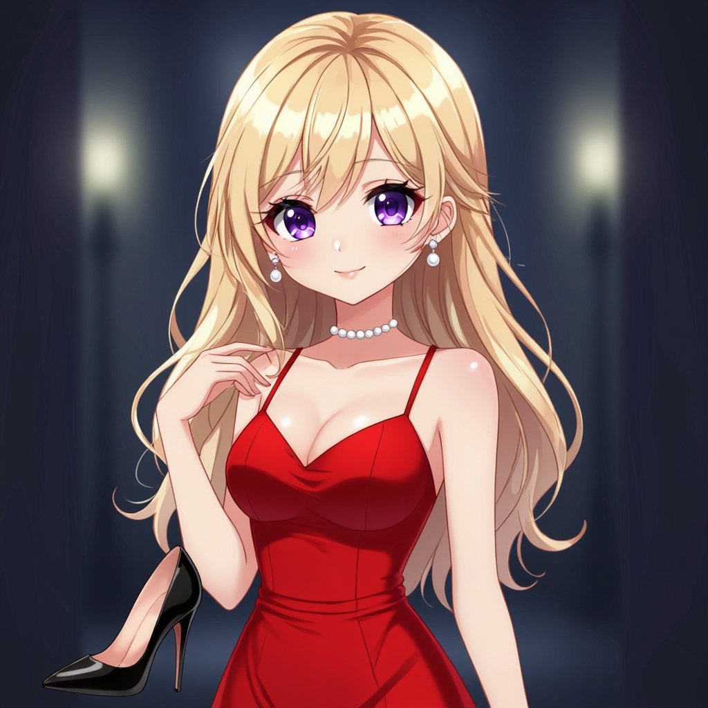 She has blonde hair and purple eyes and a red dress and black high heels and pearl earrings