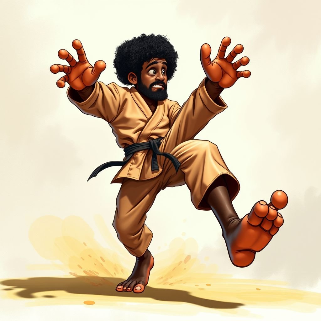 Create a character who looks like a funny African karate guy who doesn’t have a clue what he is doing. Make him have weird toes