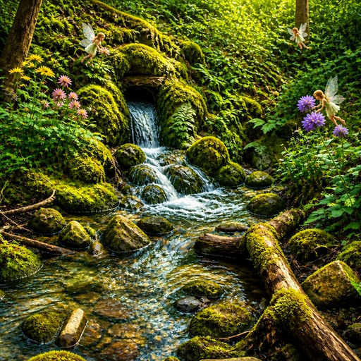 a stream running through a lush green forest