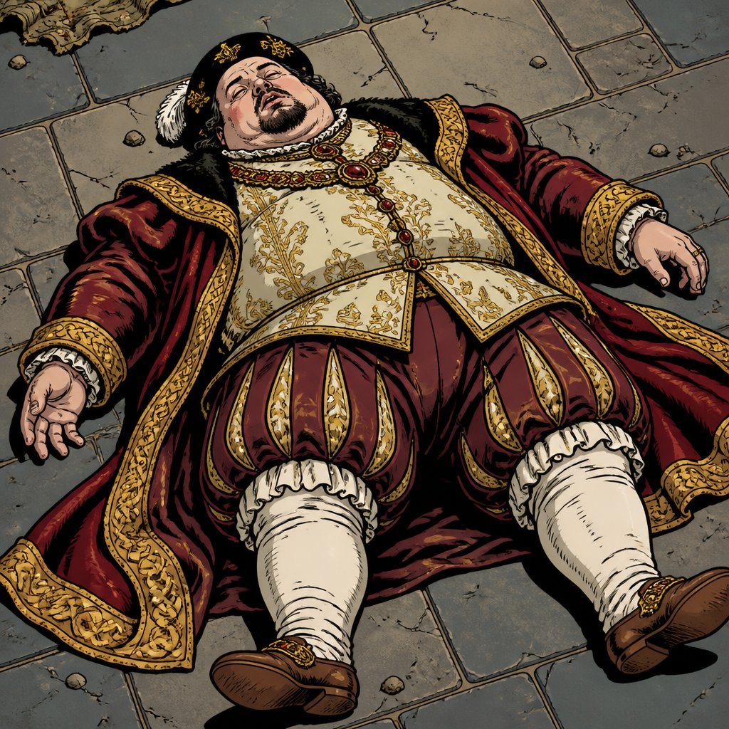 No speech bubble no print dots vivid colours highly realistic a fat man in ornate Renaissance robes is lying flat on the ground