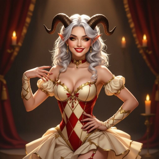 A semi-realistic fantasy portrait of Evangeline Ivey, the Fierna Tiefling Bard of the College of Glamour, performing upon a softly lit stage. The setting is elegant and theatrical — an ivory-curtained stage with warm candlelight spilling from antique candelabras, soft wood flooring, and drifting violet-and-gold ribbons of arcane music winding through the air.  Appearance Her skin is smooth porcelain-pale (#F3EDEB), evenly lit with soft candle glow. Her long silver-white hair (#D6D6DA) cascades down her back in shining waves. She has amber-gold eyes (#C88C21) that glint mischievously beneath long lashes. Across her brow rise dark brown ridged horns (#4A3A2C), symmetrical and cleanly curved back from her forehead. A slender devilish tail, pale to match her skin and ending in a red-and-black spade tip, curves gracefully behind her.  Outfit (Hard-Lock) She wears her cream and deep-red harlequin bodysuit with gold trim and embroidery — no purple tones anywhere. The fabric is finely tailored, elegant rather than gaudy. • Cream panels (#E9DFC7) catch the candlelight. • Deep red diamonds (#AA1E1E) shimmer with subtle velvet texture. • Gold embroidery (#C9A33A) forms curling arcane motifs along her neckline and cuffs.  Pose & Expression Full-body portrait to the shins, balanced in composition. Evangeline stands in an elegant dancing pose, one hip cocked, shoulders angled, her weight on one leg. Her hands hover mid-gesture — poised between spell and performance. Her lips curl in a knowing smirk, one brow lifted in playful confidence. Her gaze meets the viewer’s, amused and commanding, like a performer mid-spotlight.  Lighting & Tone Warm candlelight key illumination, gentle soft rim light outlining her silhouette. The magical ribbons cast subtle violet and gold reflections on her outfit and hair. The atmosphere is theatrical, romantic, and alive with bardic energy — a moment between music and magic.  Composition • Full-body (to shins) • 2:3 aspect ratio • Even, soft studio lighting — her porcelain skin remains consistent and luminous across face and body • Background: ivory curtains, wooden stage floor, soft candle glow, faint magical haze  Mood Charming, confident, and radiant — the bard as spell and spectacle made one.