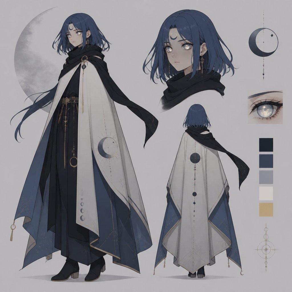 female with moon mark on head blue long bob hair with cape moon eyes black scarf