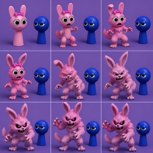 Pinki from sprunki starting to turn into her kind Wererabbit self in front of Jevin from sprunki with her legs and tail transforming and then her arms and then her ears and her neck gets fluffy and then she’s fully transformed with her eyes being black and pink