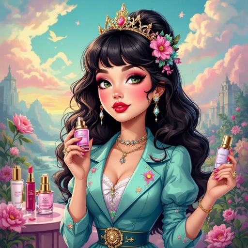 Create a business owner character showing there whole body head to toe, a lady who loves beauty products  
