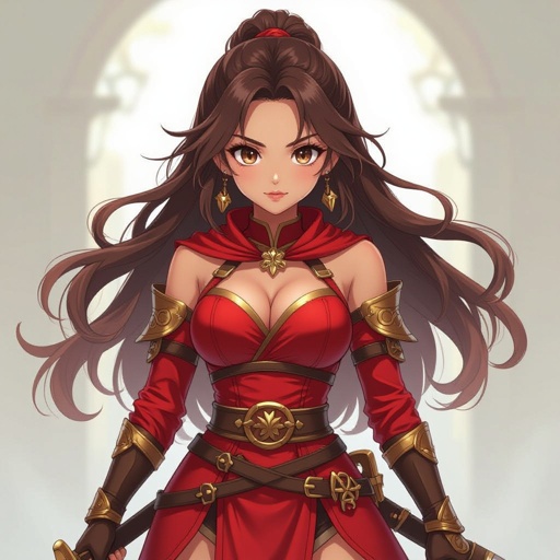 Light brown skinned Worrier princess with bright brown eyes wearing red with a sword