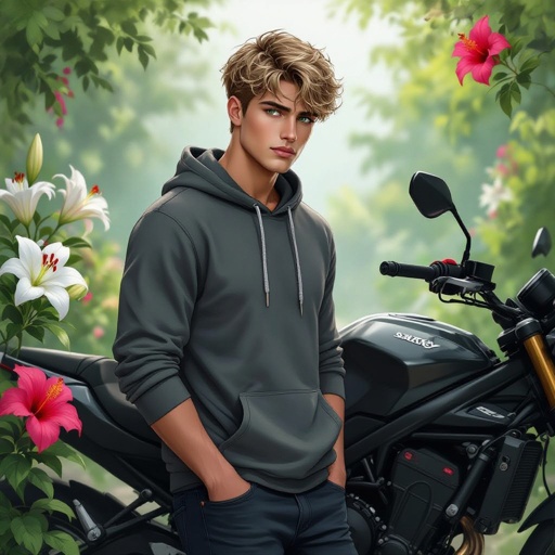 A 19-year-old young man leaning casually against a sleek black motorcycle, parked in a garden surrounded by lilies and hibiscus flowers. He has short, tousled dirty blonde hair and striking green eyes laced with gray, as if wearing contacts. His build is lean but muscular, with broad shoulders and defined arms beneath a fitted gray hoodie. His olive skin contrasts with the soft floral background. He keeps his hands in his pockets, exuding quiet strength, gazing off into the distance with a thoughtful, moody expression. Cinematic, photorealistic detail, dramatic yet natural atmosphere.