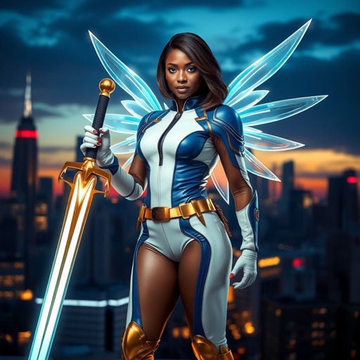 African American female superhero with shoulder length hair in a side part style and holographic wings wearing a homemade leather white and blue suit with gold accents and blue pants with a stylized V as her chest emblem wearing gold flat boots  made of gold fire holding a large glowing broadsword in one hand standing in Philadelphia at dusk