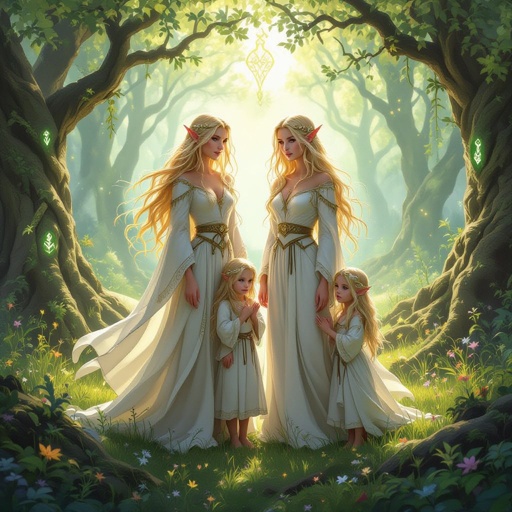 Twin women’s with blond hair and their four twin children 