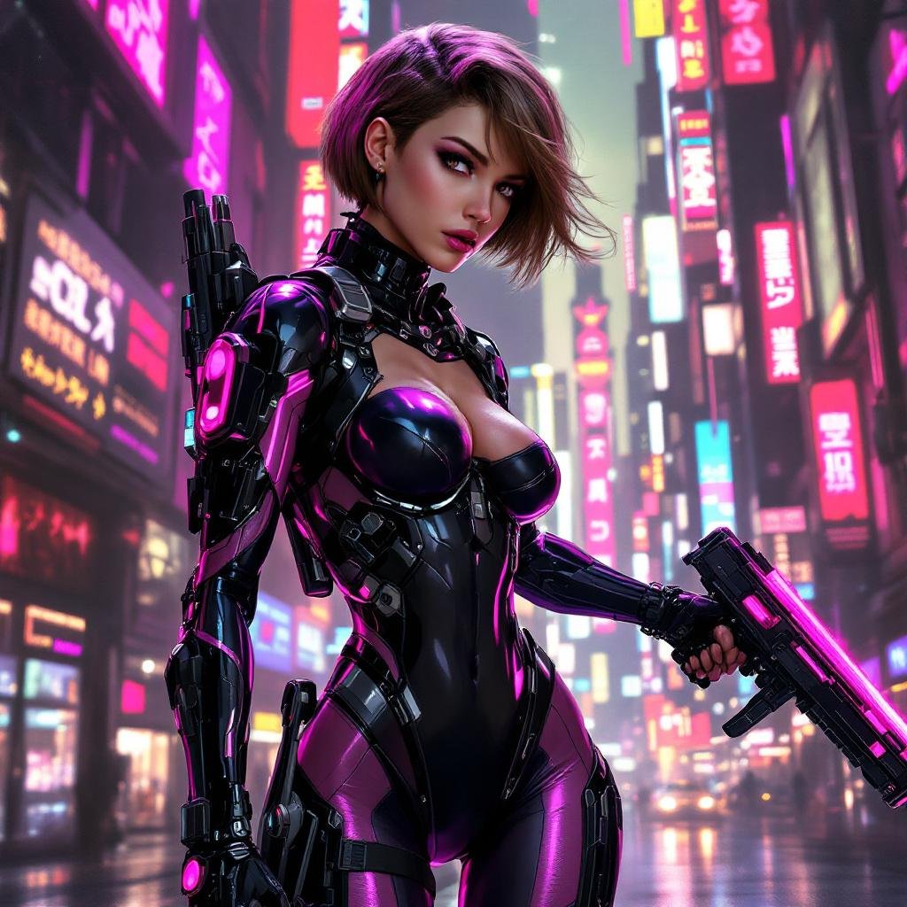 Full Body Mass Effect Babe wielding an Omni tool synthweave and Organza black and pink tight spy catsuit light brown hair pixie Bob cut
