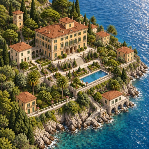 an aerial view of a mansion with a swimming pool