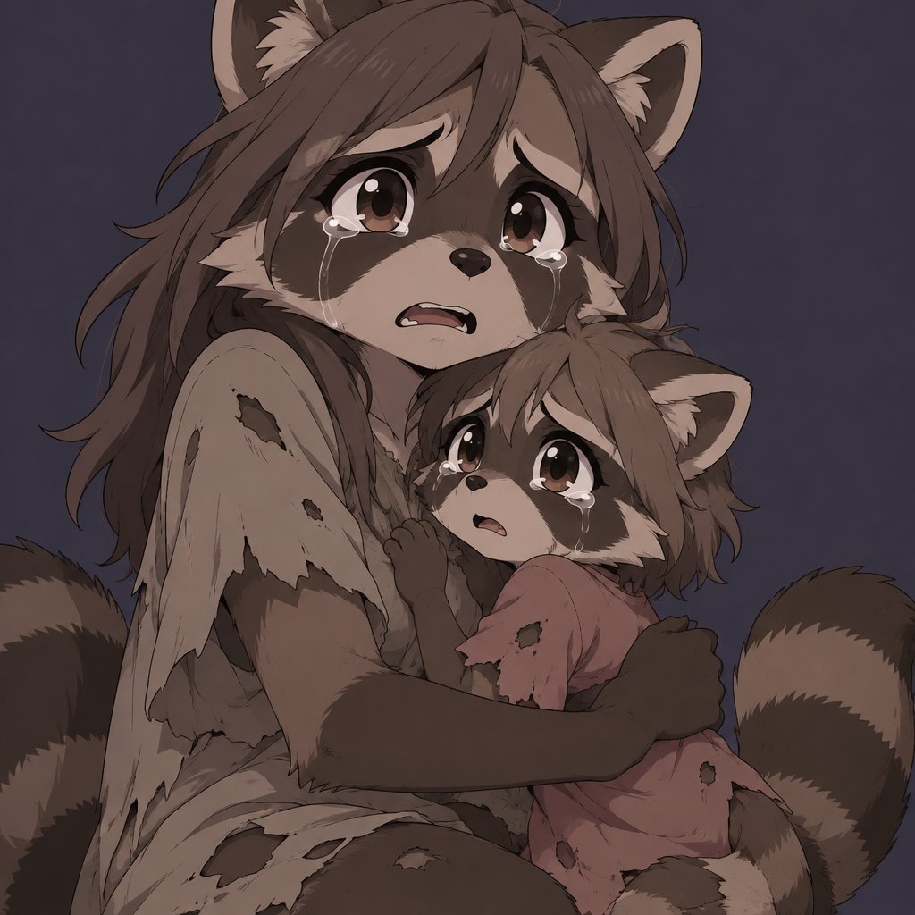 Female Raccoon Furry, with daughter, scared, ratty clothes