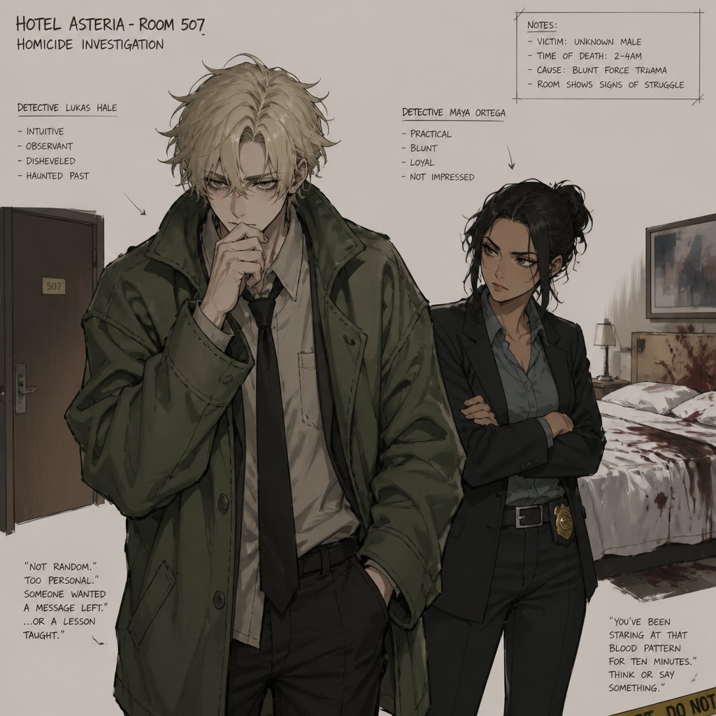 Anime Male great detective takes his job real seriously and is really good at it in his mid 20s with medium really crazy messy light blonde hair, tall thin, tied, strange green eyes wearing a baggy loose mossy green jacket tired face thinking hard about the crime scene and talking to his partner about it, partner looking annoyed at him but also concerned about him but also trying to take this case seriously they are talking about the crime scene and what could have happened and who would do this, crime scene is in hotel room, very gruesome one, no one new the person was even there and was only found out today making it harder to figure it out but the detective won't give up and do whatever he can His past was not great he had red hair and blue eyes before changing his hair and eye colors his family hatted him, he was born with the ability to camouflage and is able to change his colors which is how he got his blond hair and blue eyes