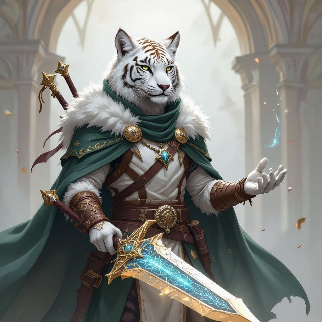 A leonin paladin oath of conquest with the fur pattern of a white tiger