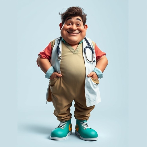 create a fat doctor. Who is funny human looking from head to toe. And he always immediately results to surgery for anything even small things. So please be sure to show his whole outfit head to toe. Make him have 1 tooth