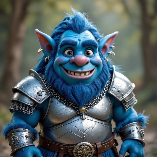 blue ogre with heavy chain mail, happy expression
