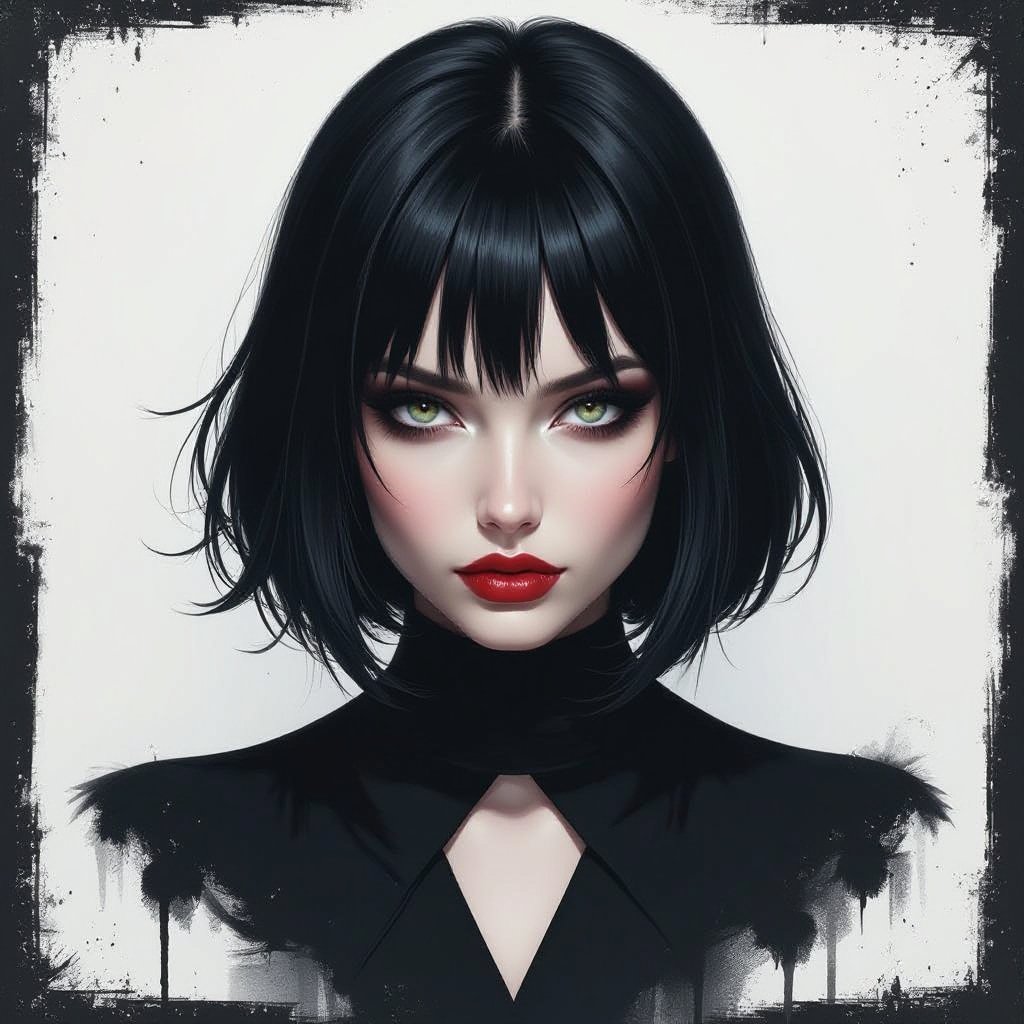Show character head to toe. Create a mid age mysterious woman jet-black hair is cut sharpand her eyes seem to pierce through darkness. A shadowy aura clings to her form,