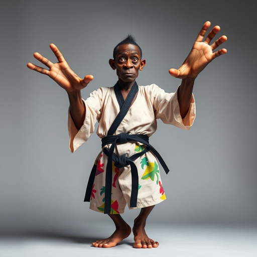 Create a character who looks like a funny African karate guy who doesn’t have a clue what he is doing. Make him have weird toes, only speedos on and a black karate belt. Make him tall skinny and slinky.