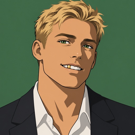 Male,blonde short hair,green eyes,one golden tooth,wearing nice simple clothes,face shade  