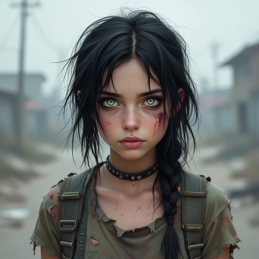 A 16 year old teenager girl with dirty black soft hair and beautiful green eyes