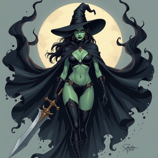 sexy shadow demon witch gypsy slate grey skin large black billowing cloak that emits darkness and shadow. Two piece. Witches Hat.  Wields Flamberge