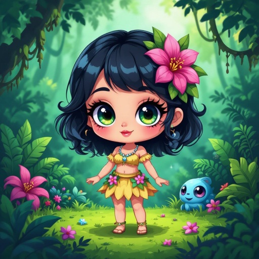 Create a chibi character lady who lives in the jungle
