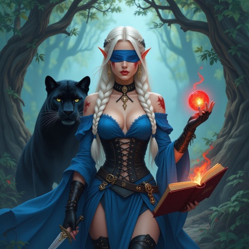 She is an elf. She has long platinum blonde hair. Her hair has to small Dutch braids in the front of her head. The rest of her hair is cascading down her back. She has gold dangling earrings in her ears. She has a blue blindfold covering her eyes. She has scars along her face and chest. She has the same blue color of the blindfold as the color of her dress. Her dress has a black corset with two leg slits. Her sleeves of the dress are also the same blue and they are flowing down her arms. She has arm cuffs on both arms and she has a knife strapped to her left leg. The knife strapped to her leg has a blood red gem on the hilt. She has a large panther walking beside her. In her left hand she is casting a small glowing red orb and in her right she is holding a closed spell book. The spell book is red with black writing as well as black binding She has black boots on her feet. She is standing in the woods. The trees making an arch behind her