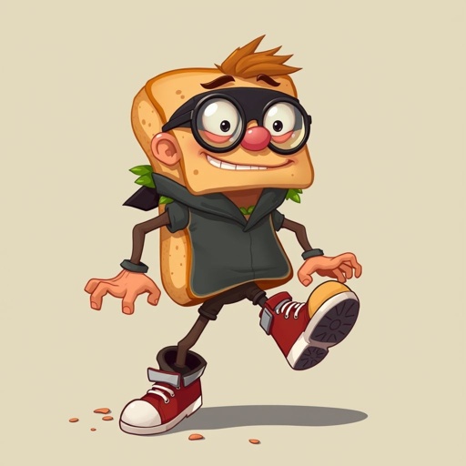Create a funny looking clumsy sandwhich thief with funny shoes on. Make him have on the bandit black thing around his eyes 