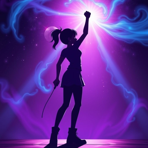 Black shadow/figure of a tall girl standing on a stage, holding a microphone in one hand and raising the other hand in a fist toward the sky. The stage is bathed in blue and purple light