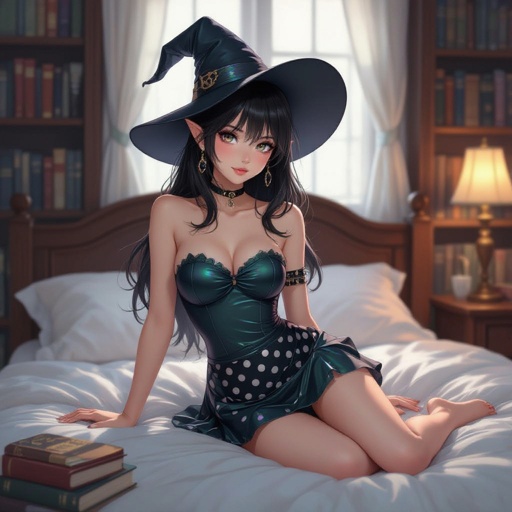 Dark Brunette Elf Witch Librariani with With Hat.  Strapless Bathing Suit Top and Black and white Polka Dot Mini Pencil Skirt laying on Library Bed