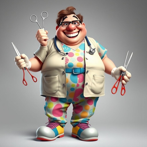 create a fat doctor. Who is funny human looking from head to toe. And he always immediately results to surgery for anything even small things. So please be sure to show his whole outfit head to toe. Make him have funny teeth 