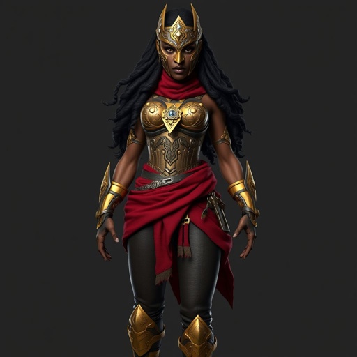 An African American woman wearing A full face female war mask with gold accents wearing a gold and silver set of chest armor with a red cloth wrapped around her waist wearing leather pants with leg armor and gold boots