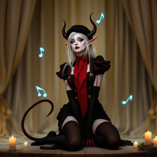 The image depicts a semi-realistic fantasy character performing on a softly lit stage. She’s a tiefling — a humanoid figure with small curved horns, pointed ears, and a slender tail tipped in dark red and black. Her skin is porcelain-pale, and her long silver-white hair flows past her shoulders beneath a black beret.

She wears a whimsical mime-inspired outfit: a sleeveless black and deep-red striped dress with suspenders, matching thigh-high stockings, and long gloves in the same pattern. A bright red neck scarf provides contrast, and her makeup exaggerates her expressive features — dark eyeshadow, vertical lines beneath her eyes, and small red lips parted in mid-song or gasp.

Around her, faint glowing blue musical notes spiral through the air, suggesting she’s singing or casting a magical performance. The background shows a wooden stage framed by ivory curtains and soft candlelight, giving the entire scene a theatrical, vintage cabaret atmosphere.

The overall mood blends elegance, whimsy, and a hint of melancholy — as if this performer’s music carries both laughter and longing.
