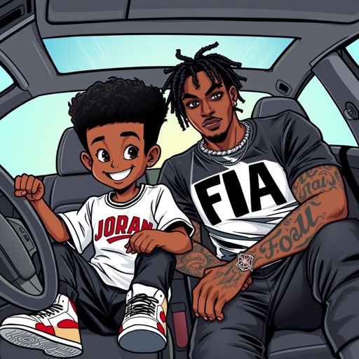 a young dark skin boy with a mini Afro with Jordan’s on and a white Jordan shirt with black pants he has dark brown eyes in the car next to a dark skin guy with a black T-shirt on his eyes at dark brown too and he has a tatto on his right arm and it says foa goin down his arm and he has little black dreads