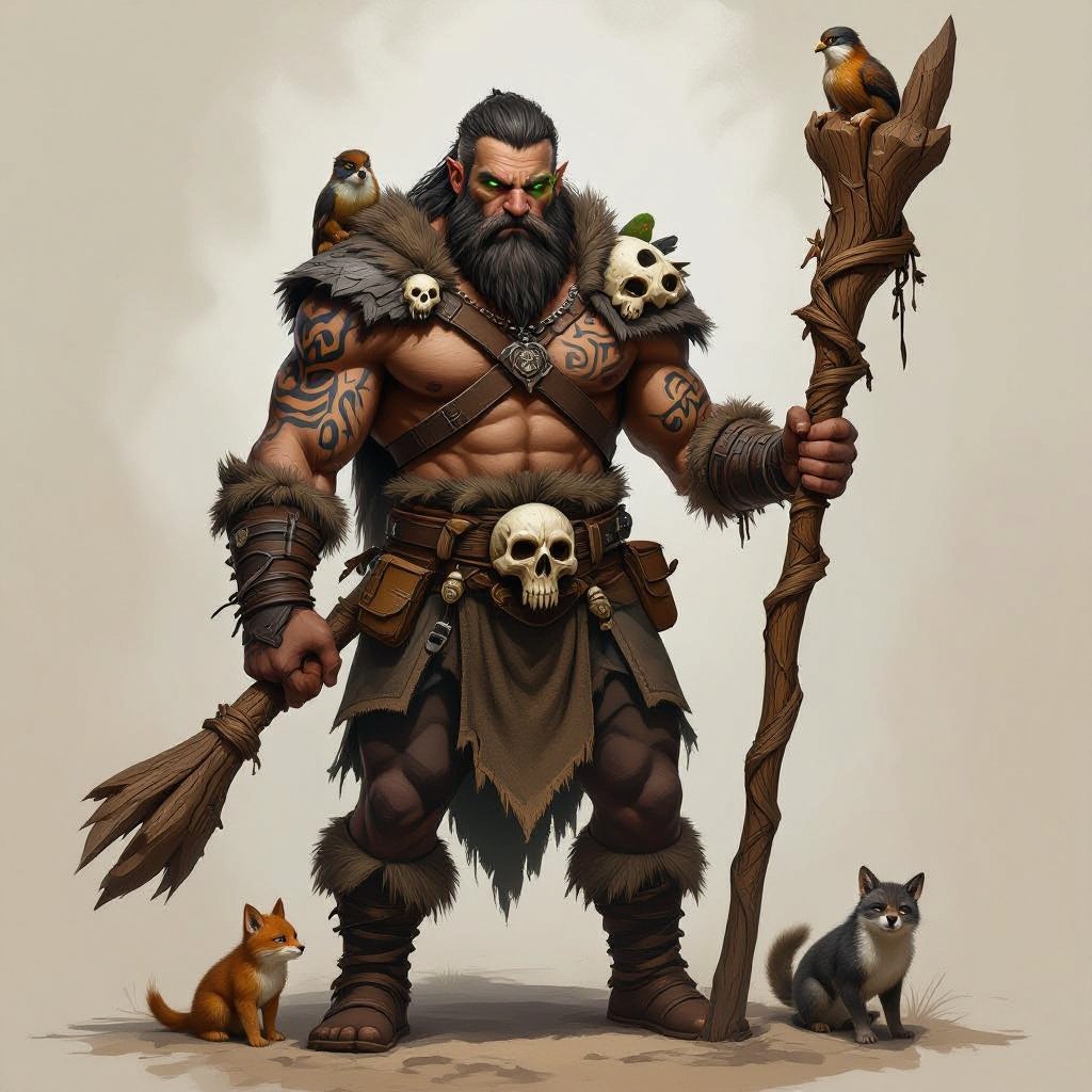 Kael the Beastbound – A rugged, broad-shouldered man with dark brown skin and a rough beard, wearing armor made from bone and leather. deep green eyes tattoos of animal tracks spiral down his arms. He carries a massive wooden staff carved with the shapes of beasts, and small creatures often perch on his shoulders or follow at his feet.